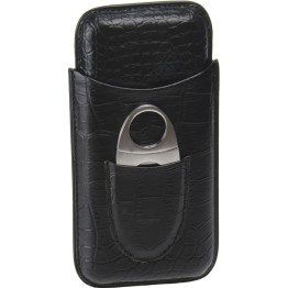 2480L - Leather Black Cigar Case & Cutter (Holds 3)
