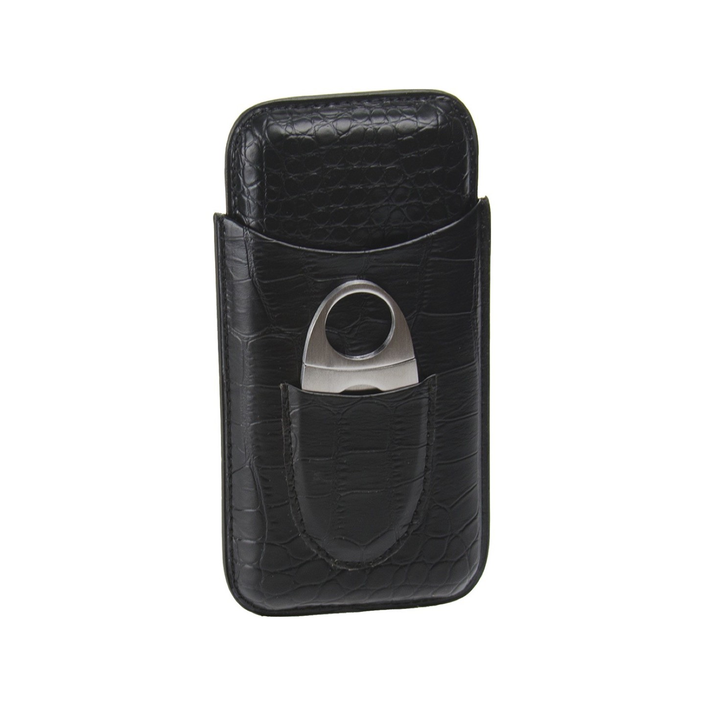 2480L - Leather Black Cigar Case & Cutter (Holds 3)