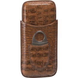 2481L - Leather Brown Cigar Case & Cutter (Holds 3)
