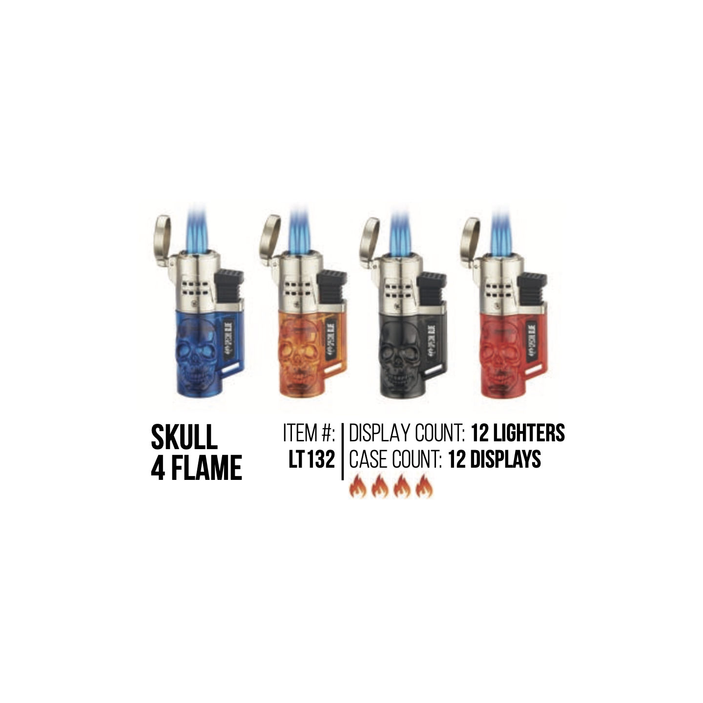 Skull 4-Flame Torch Lighter 12PK